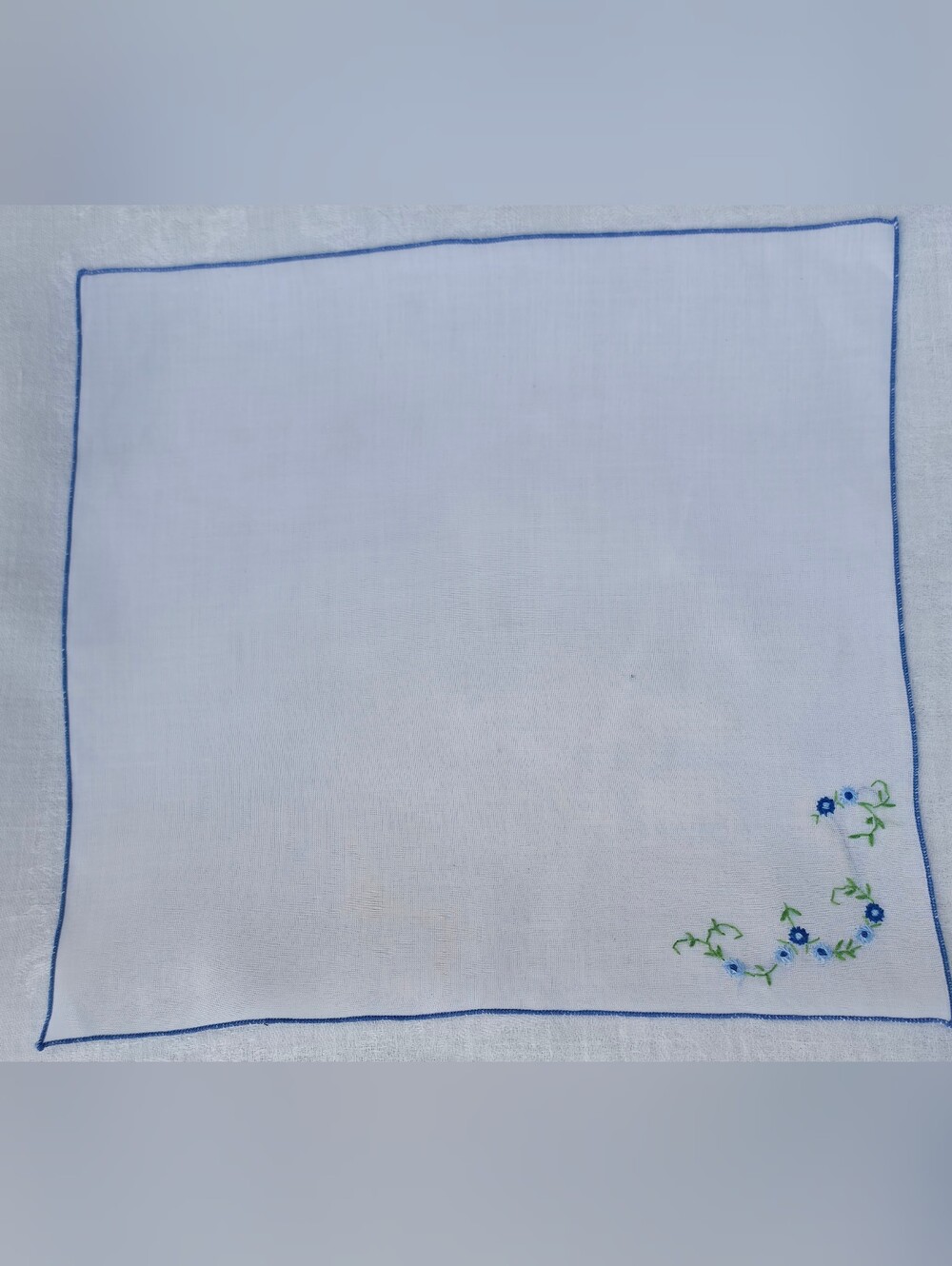 SEMI SHEER LINEN HANDKERCHIEF WITH A HAND ROLLED BLUE THREAD HEM VINTAGE